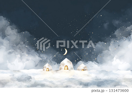 三日月と雪原のかまくらが並ぶ幻想的な冬の夜景イラスト 131473600