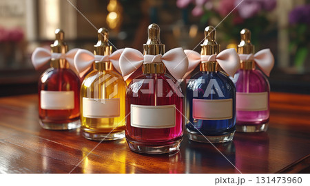 Row bottles oil, concentrate, serum, blank brand label multicolored satin ribbon mockup background, minimalist design. Cosmetics advertising concept 131473960