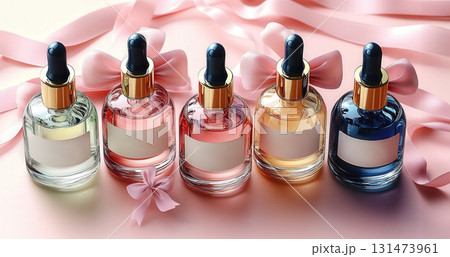 Row bottles oil, concentrate, serum, blank brand label multicolored satin ribbon mockup background, minimalist design. Cosmetics advertising concept 131473961