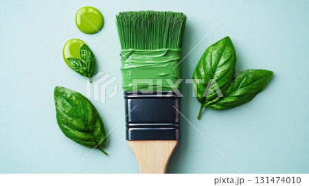 Creative flat lay with fluffy blue makeup brush and blooming green leaf on light blue background. 3D rendering. Feminine beauty concept. 131474010