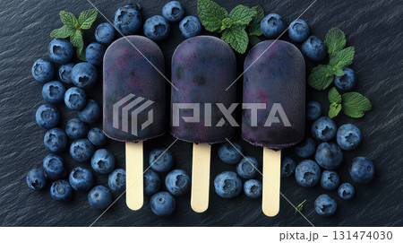 Blue berry ice cream popsicles decorated with whipped cream, herbs, and frozen fruit on dark textured surface. Creative and vibrant summer dessert display. 131474030