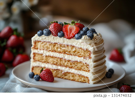 Layered honey cake slice with berries on white plate decorated with whipped cream fresh berries. Layered honey cake slice with berries on white plate decorated with whipped cream fresh berries. 131474032