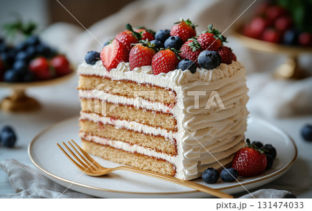 Layered honey cake slice with berries on white plate decorated with whipped cream fresh berries. 131474033