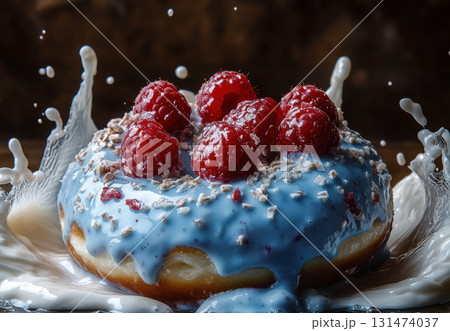 Raspberry donut splashing in milk with fresh berries Raspberry donut splashing in milk with fresh berries 131474037