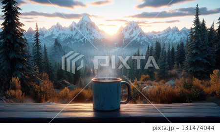 Panoramic cup coffee tea morning, 3D rendering concept outdoor recreation, relaxation, solitude. 131474044