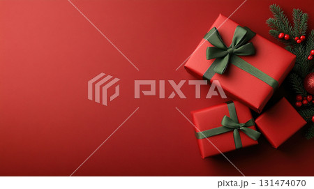 Luxury red gifts box natural ribbon close-up red background, birthday, Christmas, copy space Luxury red gifts box natural ribbon close-up red background, birthday, Christmas, copy space 131474070