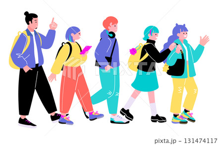 ポップでカラフルなZ世代の若者　歩く人々のイラスト 131474117