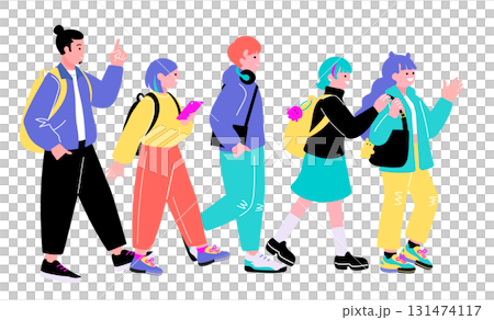 流行且色彩鮮豔的Z世代年輕人行走插畫 131474117