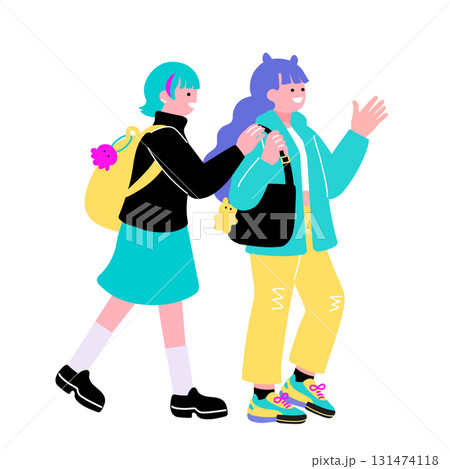 ポップでカラフルなZ世代の若者　歩く二人の女性のイラスト 131474118