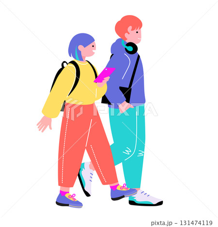 ポップでカラフルなZ世代の若者　歩くカップルのイラスト 131474119