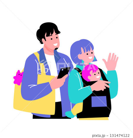 ポップでカラフルな親子のイラスト　上を見上げる家族 131474122