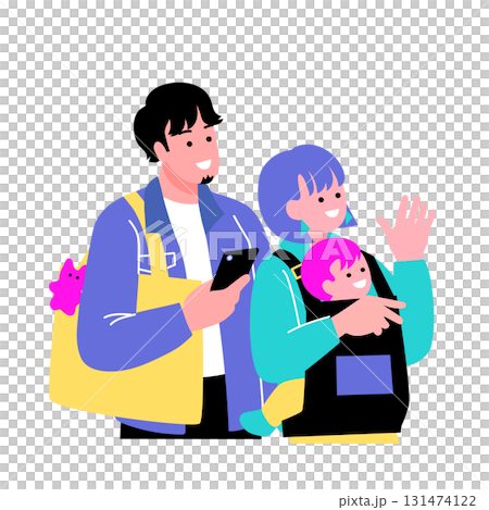 ポップでカラフルな親子のイラスト　上を見上げる家族 131474122