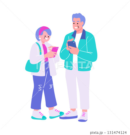 ポップでカラフルなシニア世代の男女 スマホを持つ夫婦 ポップでカラフルなシニア世代の男女 スマホを持つ夫婦 131474124