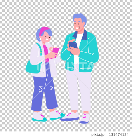 ポップでカラフルなシニア世代の男女 スマホを持つ夫婦 ポップでカラフルなシニア世代の男女 スマホを持つ夫婦 131474124