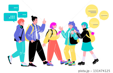 ポップでカラフルなZ世代の若者　歩く人々のイラスト 131474125