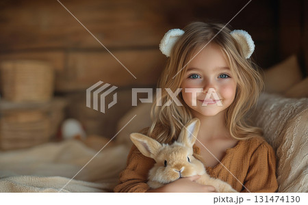 Happy girl bunny ears headband holding rabbit. Easter concept. Holidays, copy space, greeting cards Happy girl bunny ears headband holding rabbit. Easter concept. Holidays, copy space, greeting cards 131474130