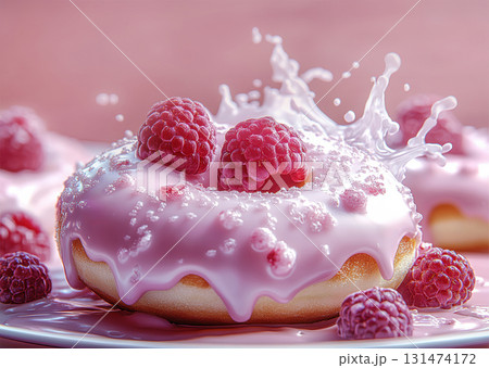 Raspberry donut splashing in milk with fresh berries 131474172