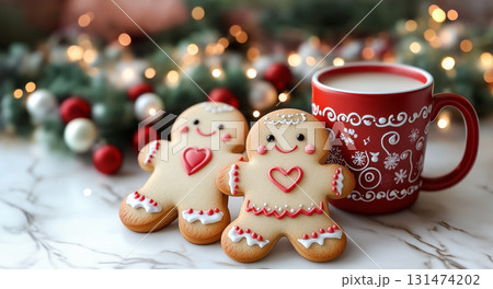 Gingerbread man cookie leaning on red coffee cup in warm Christmas setting tree lights background Gingerbread man cookie leaning on red coffee cup in warm Christmas setting tree lights background 131474202