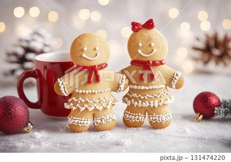 gingerbread couple cookie leaning on red coffee cup in warm Christmas setting tree lights background 131474220