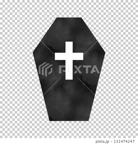 帶有十字架的棺材的黑色輪廓插圖,帶有水彩紋理 帶有十字架的棺材的黑色輪廓插圖,帶有水彩紋理 131474247
