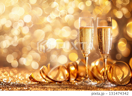 Two glasses champagne drink golden shiny table bubbles, glass splashing festive birthday, New Year Two glasses champagne drink golden shiny table bubbles, glass splashing festive birthday, New Year 131474342
