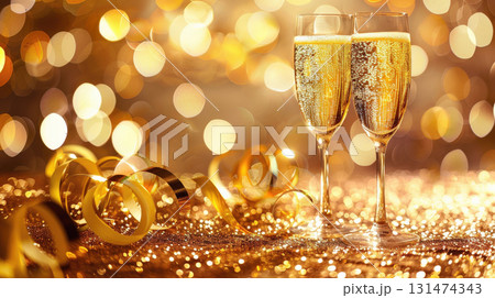 Two glasses champagne drink golden shiny table bubbles, glass splashing festive birthday, New Year Two glasses champagne drink golden shiny table bubbles, glass splashing festive birthday, New Year 131474343