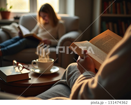 A cozy indoor scene with two people reading books, highlighted by a steaming cup of tea and natural afternoon sunlight. 131474362