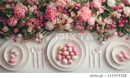 Happy Easter, banner Easter decorated table, in center table is plate with eggs, bouquet of various spring tulips, lily of valley flowers. Happy Easter, banner Easter decorated table, in center table is plate with eggs, bouquet of various spring tulips, lily of valley flowers. 131474398