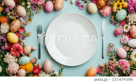 Happy Easter, banner Easter decorated table, in center blue table is plate with eggs, bouquet of various spring tulips, lily of valley flowers. 131474399