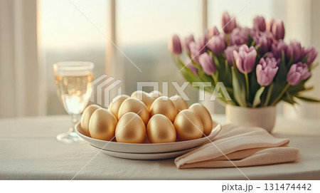 Happy Easter. Luxury white, pink, golden eggs and tulips bouquet arranged on napkin Easter table, matching cutlery and glassware 131474442