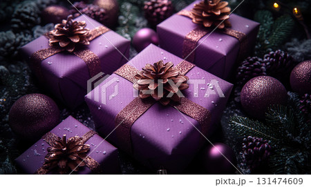 Merry Christmas, New Year, closeup craft violet gift box holiday background, copy space, banner 131474609