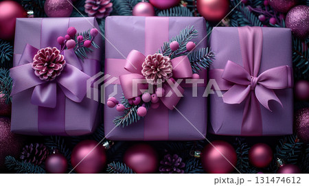 Merry Christmas, New Year, closeup craft violet gift box holiday background, copy space, banner 131474612