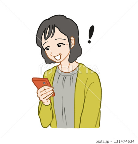 スマホ(スマートフォン)を見て喜んでいるシニア女性 手描きイラスト素材 スマホ(スマートフォン)を見て喜んでいるシニア女性 手描きイラスト素材 131474634