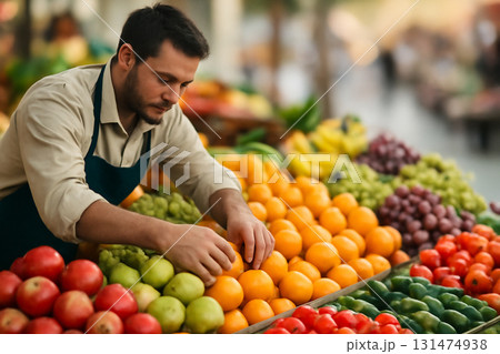 AI generated image of a fruit vendor at an outdoor market arranging vibrant produce. The scene captures the textures of fresh fruits and the lively atmosphere of a bustling marketplace. AI generated image of a fruit vendor at an outdoor market arranging vibrant produce. The scene captures the textures of fresh fruits and the lively atmosphere of a bustling marketplace. 131474938