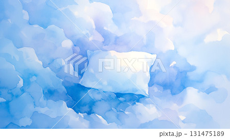 淡いブルーとパープルの雲のような背景に白い枕の水彩イラスト 131475189