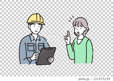 作業員の男性と相談する女性 131475239