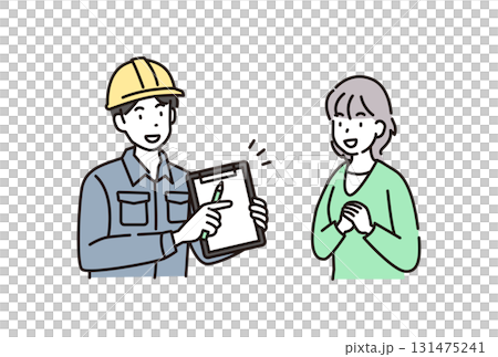 一名男工人和一名女工人正在接受解釋 一名男工人和一名女工人正在接受解釋 131475241