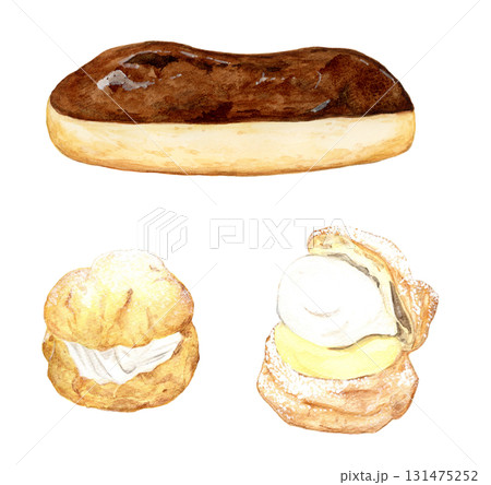 手描き水彩の甘くて美味しいエクレアとシュークリームのイラストセット 131475252