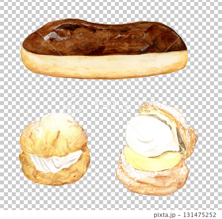 Hand drawn watercolor illustration set of sweet and delicious eclairs and cream puffs 131475252