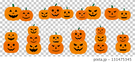 ジャックオーランタン　かぼちゃ　ハロウィン　重なり　組み合わせ　セット　ベクター 131475345