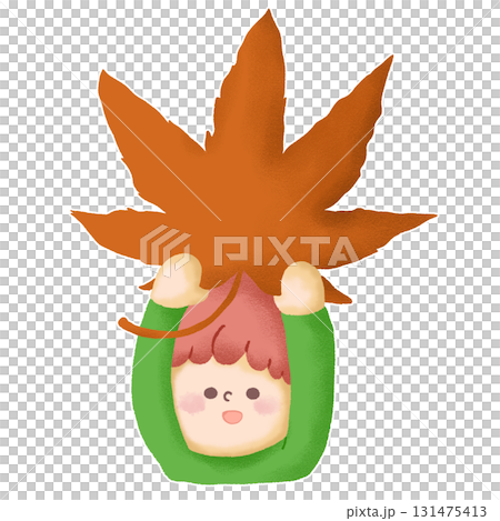 一個孩子拿著一片掉落的大楓葉的插圖 131475413