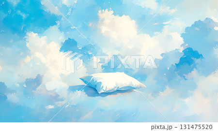青空と雲の背景に白い枕の水彩イラスト背景 131475520