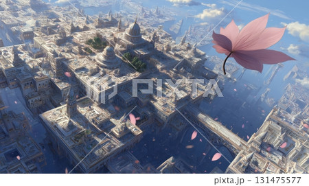 空に浮かぶ幻想的な都市と舞う桜の花びら 131475577