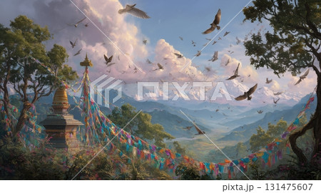祈りの旗と鳥が舞う幻想的な寺院風景 131475607