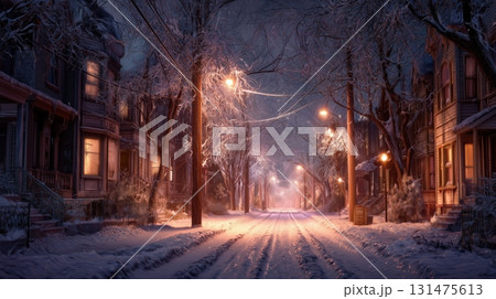 雪景色に包まれた冬の街並みと幻想的な夜道 雪景色に包まれた冬の街並みと幻想的な夜道 131475613