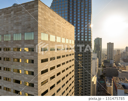 Urban landscape of downtown district of Miami Brickell in Florida, USA. Sunset skyline with high skyscraper buildings in modern American city 131475785