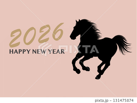 年賀状2026 馬 水墨画風のイラスト シルエット 午年　素材　テンプレート　 131475874