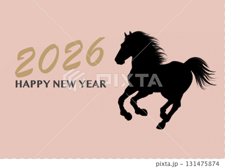 年賀状2026 馬 水墨画風のイラスト シルエット 午年　素材　テンプレート　 131475874