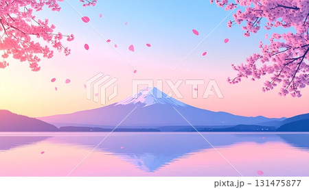 朝日が昇る富士山と花びらが舞う満開の桜と湖のCGイラスト 131475877