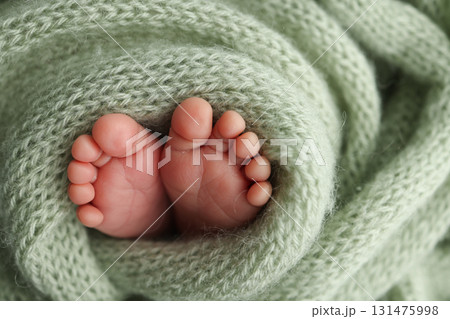 Soft feet of a newborn in a olive green blanket. Close up of toes, heels and feet of a newborn baby. Soft feet of a newborn in a olive green blanket. Close up of toes, heels and feet of a newborn baby. 131475998